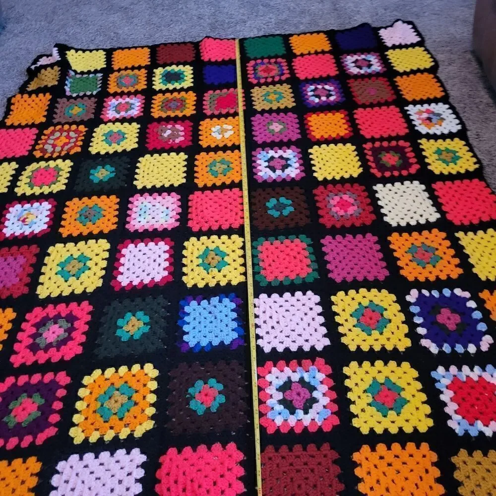 Vintage 80s Roseann Show Granny Square Afghan crochet Handmade Blanket